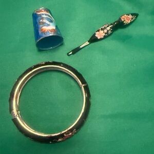 Cloisonné Floral Black and Gold Bangle, hair pin and soawing dice